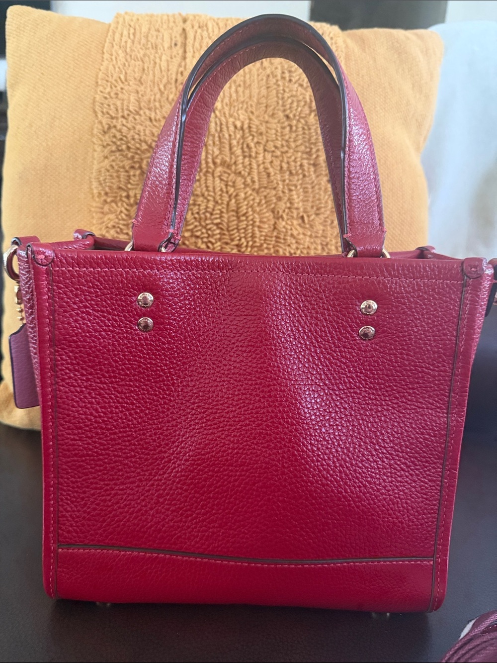 Coach Red Pebbled Leather Crossbody Tote with Striped Removable Strap - Picture 3 of 9